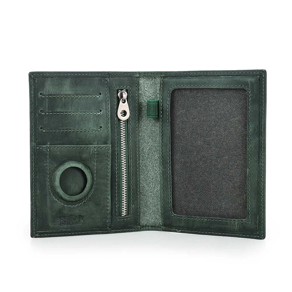 Genuine Cow Leather Passport Holder Travel Wallet with Airtag Case Anti-Lost Pocket Pen Card Holder RFID Blocking Passport Cover