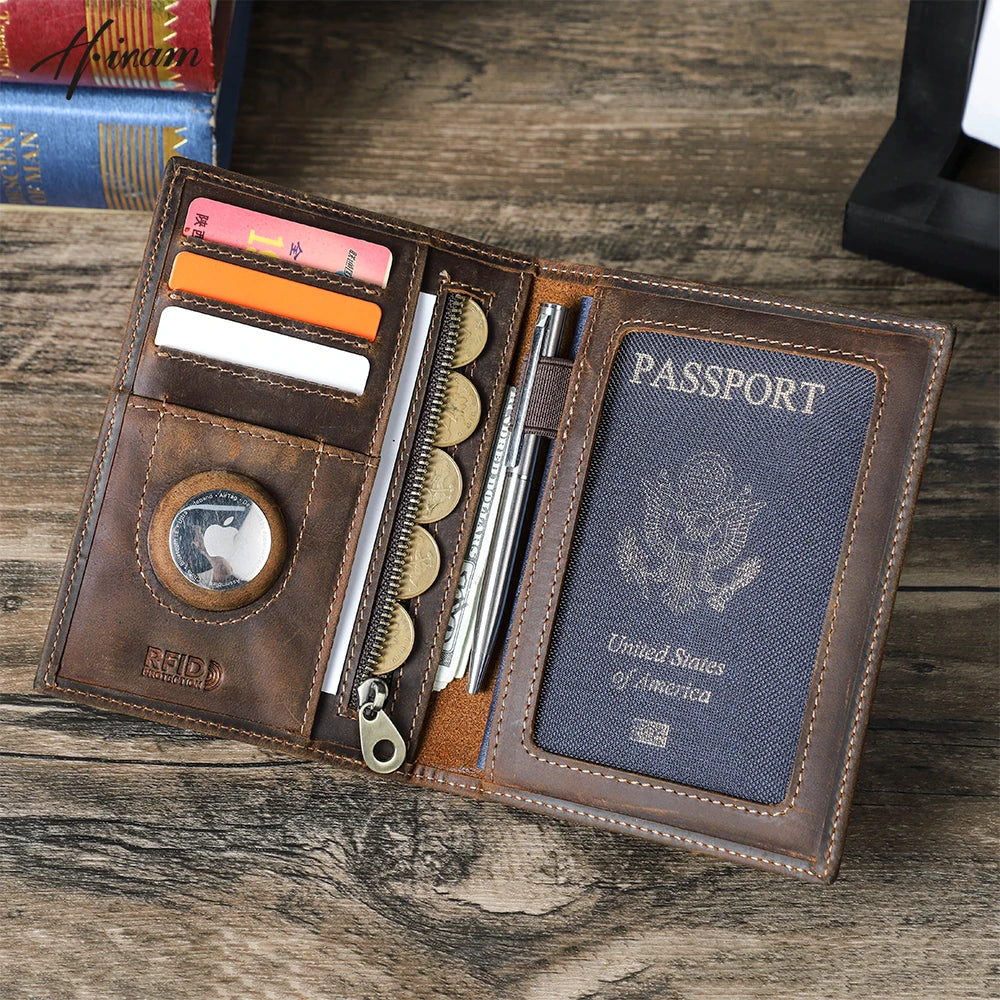 Genuine Cow Leather Passport Holder Travel Wallet with Airtag Case Anti-Lost Pocket Pen Card Holder RFID Blocking Passport Cover