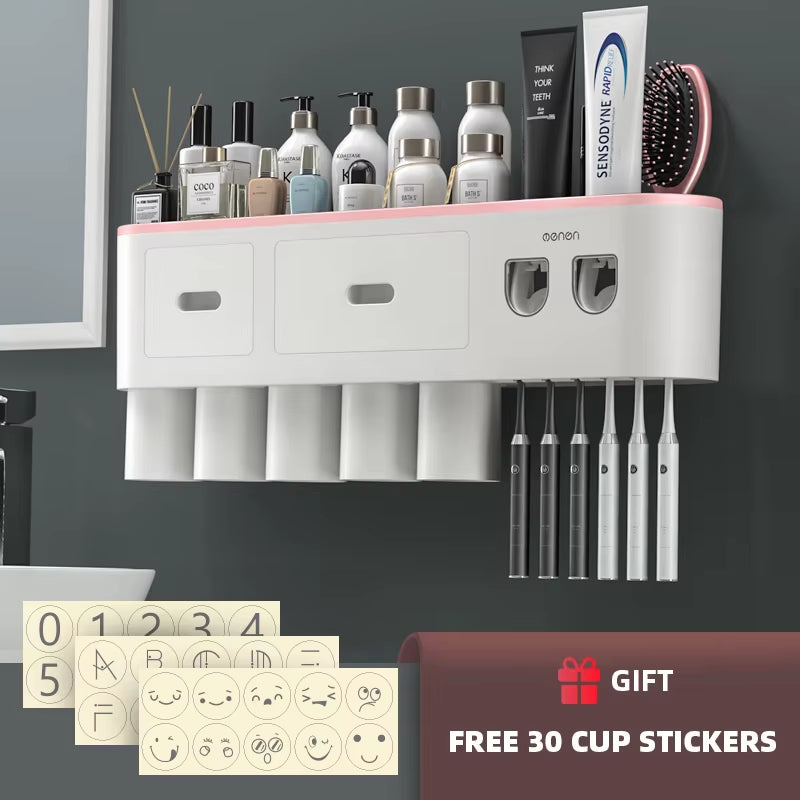 Magnetic Adsorption Inverted Toothbrush Holder Wall-Mounted Double Automatic Toothpaste Dispenser Rack Bathroom Accessories