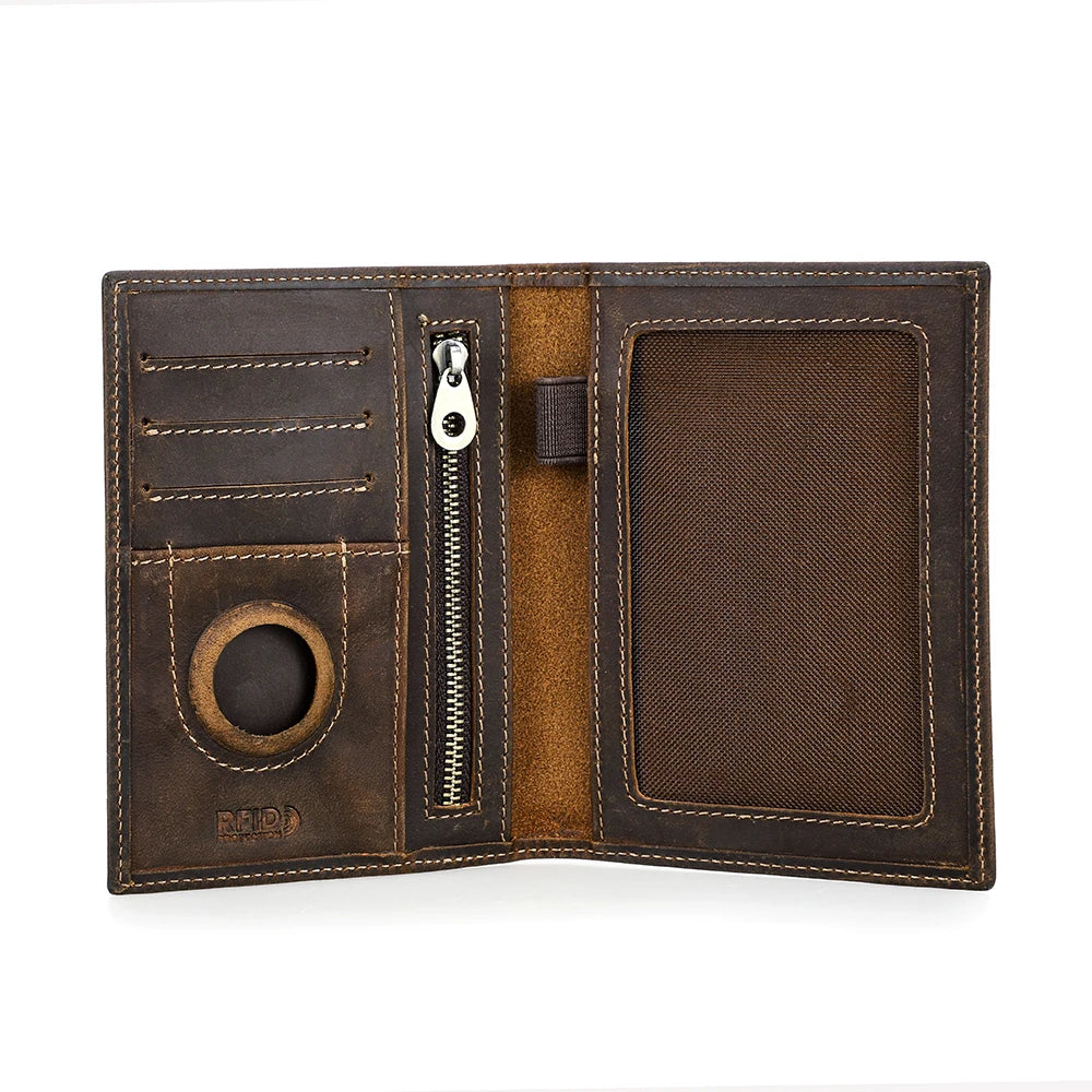 Genuine Cow Leather Passport Holder Travel Wallet with Airtag Case Anti-Lost Pocket Pen Card Holder RFID Blocking Passport Cover