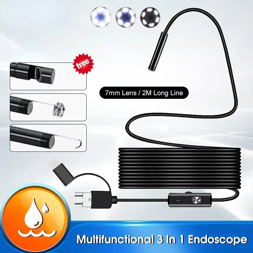 Endoscope Camera 7Mm HD Mini Camera Endoscope Hard Cable Inspection Borescope Camera USB Type C for Android PC 6Leds Adjustable