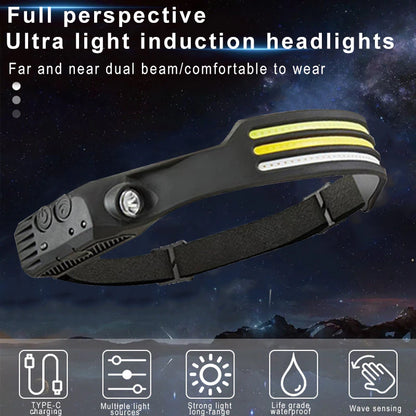 Induction Headlamp COB LED Sensor Head Lamp Built-In Battery Flashlight USB Rechargeable Head Torch 5 Lighting Modes Headlight